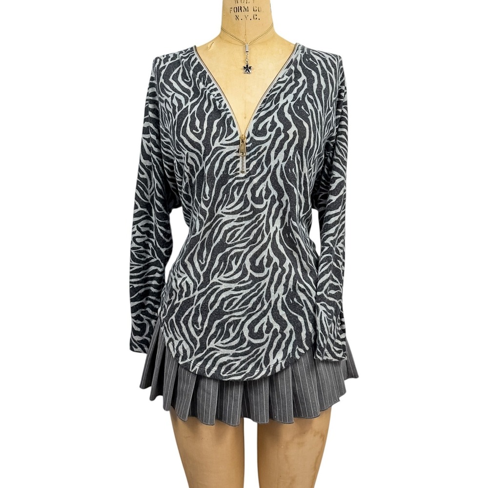 Y2K Zebra Print Batwing Sweater Quarter Zip Grunge Alt Punk Cyber Large